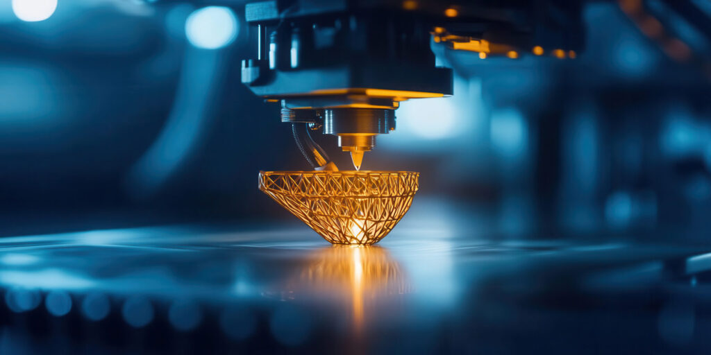 A 3D printer creating a complex part layer by layer, symbolizing additive manufacturing, 3D printing production, technology manufacturing